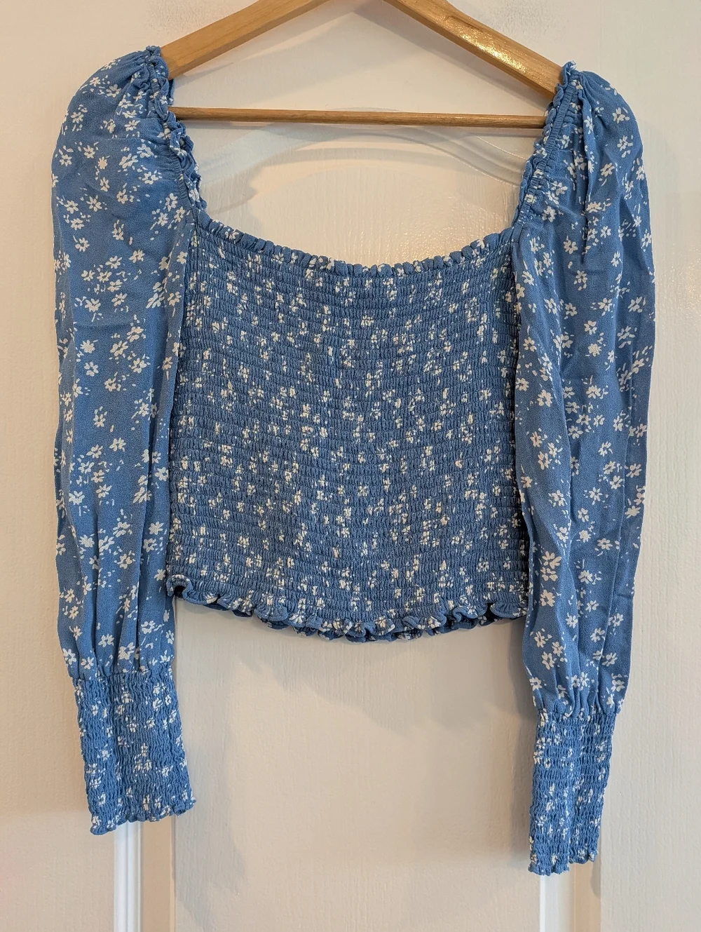 Reformation Pinto Floral Smocked Crepe Top Lassen Blue Shirt Size S Cottagecore